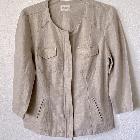 CHICOS Linen Jacket Blazer SM Metallic 3/4 Sleeve Lagenlook‎ Lightweight Career - Picture 1 of 15